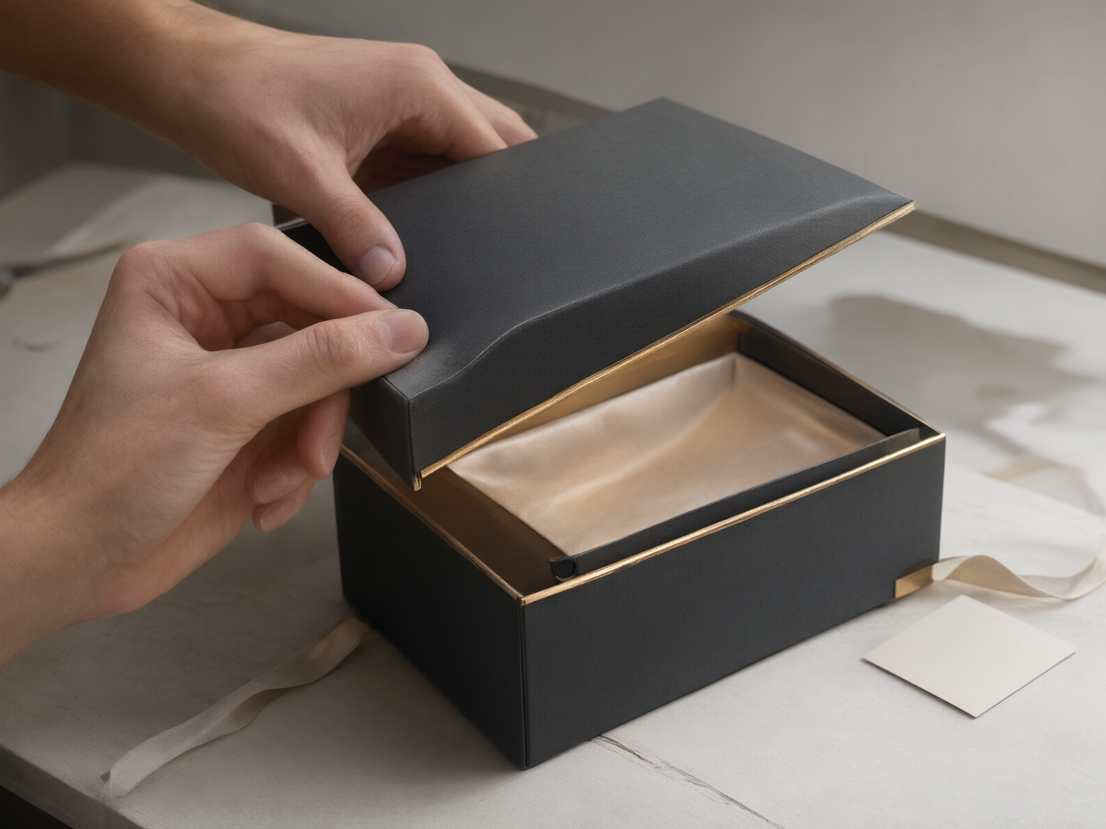 Hands lifting the half-open hinged lid of a charcoal magnetic rigid box with a gold rim and satin lining