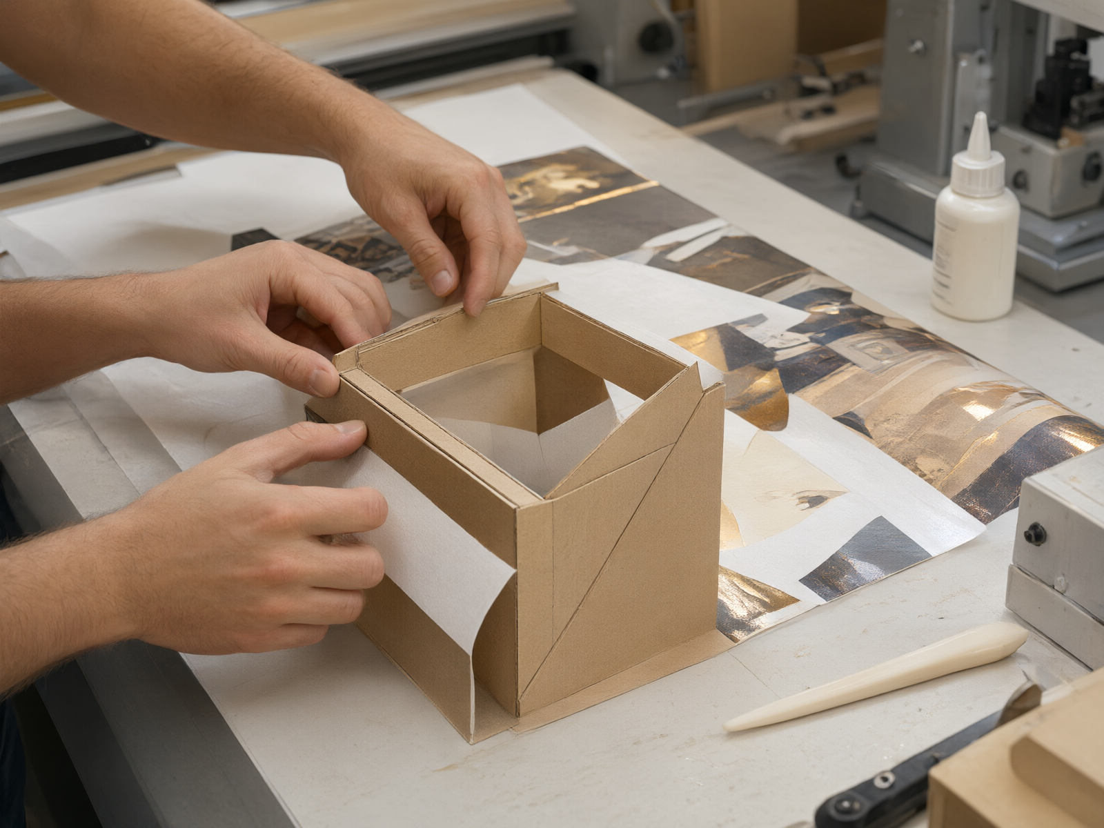 Hands folding chipboard frame and aligning printed wrapping paper