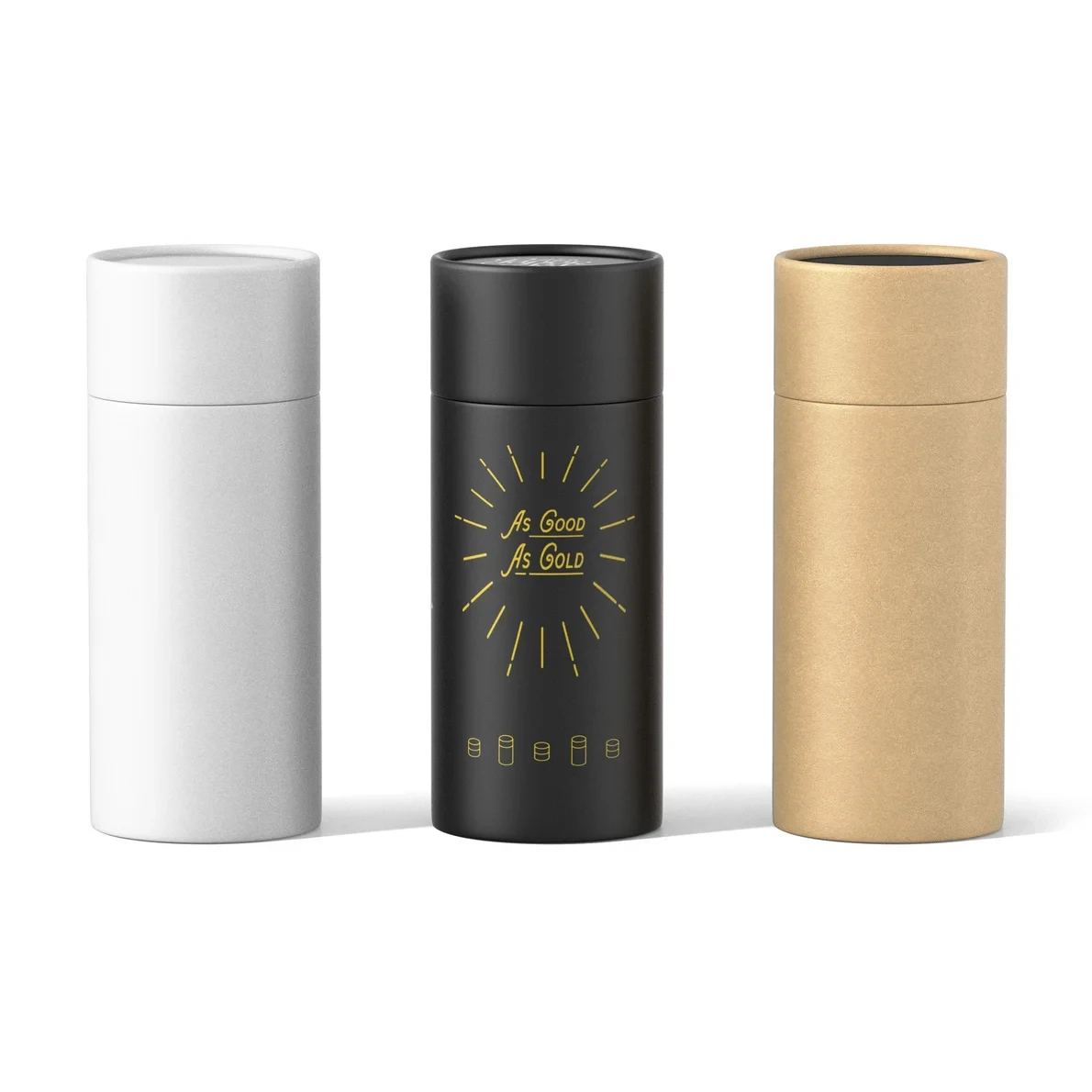 Side-by-side comparison of kraft, white printed art paper and navy textured specialty paper tubes with a swatch fan card