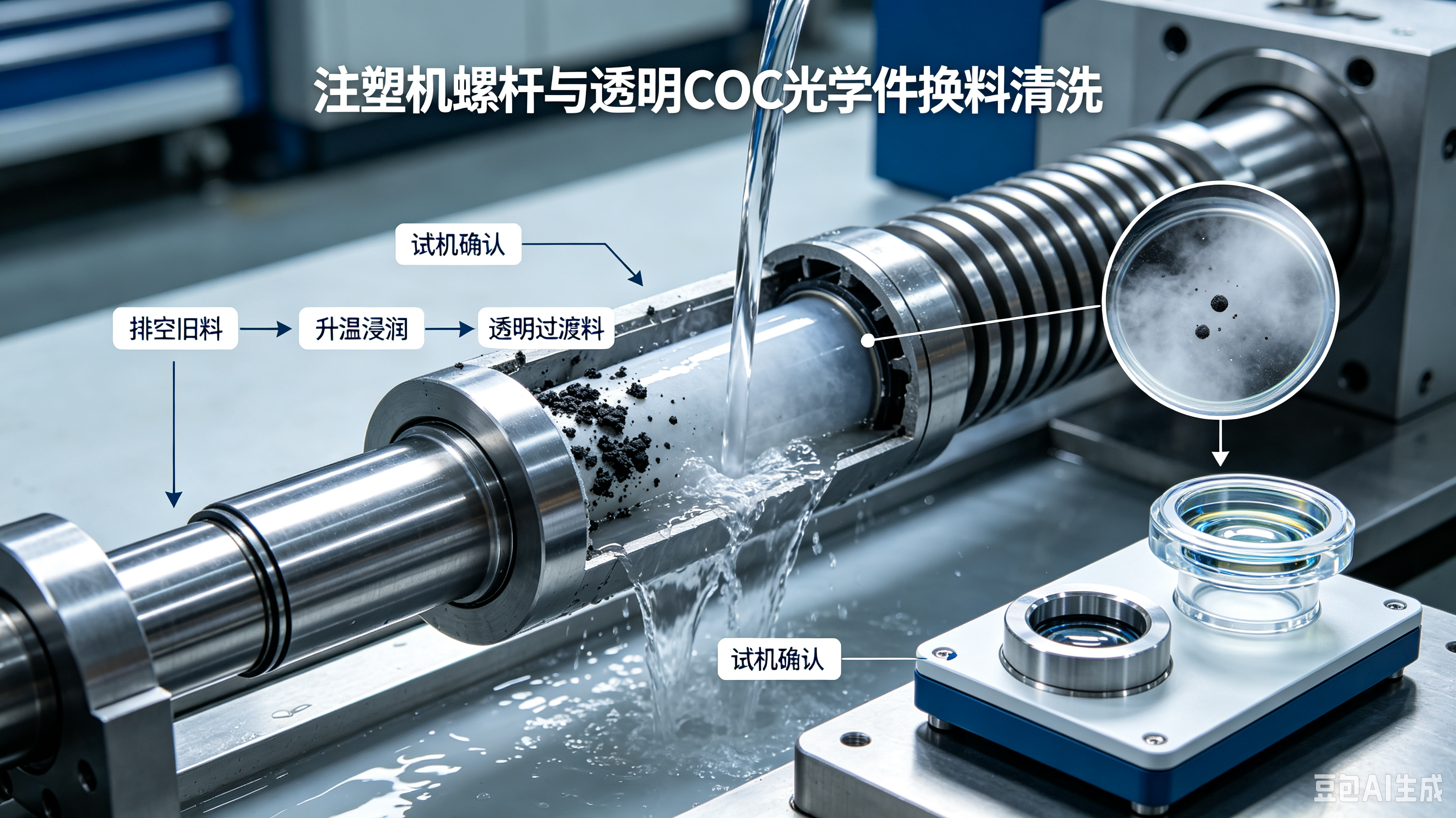 螺杆清洗剂残留污染透明COC光学件 鸿善诚规范透明料换料清洗