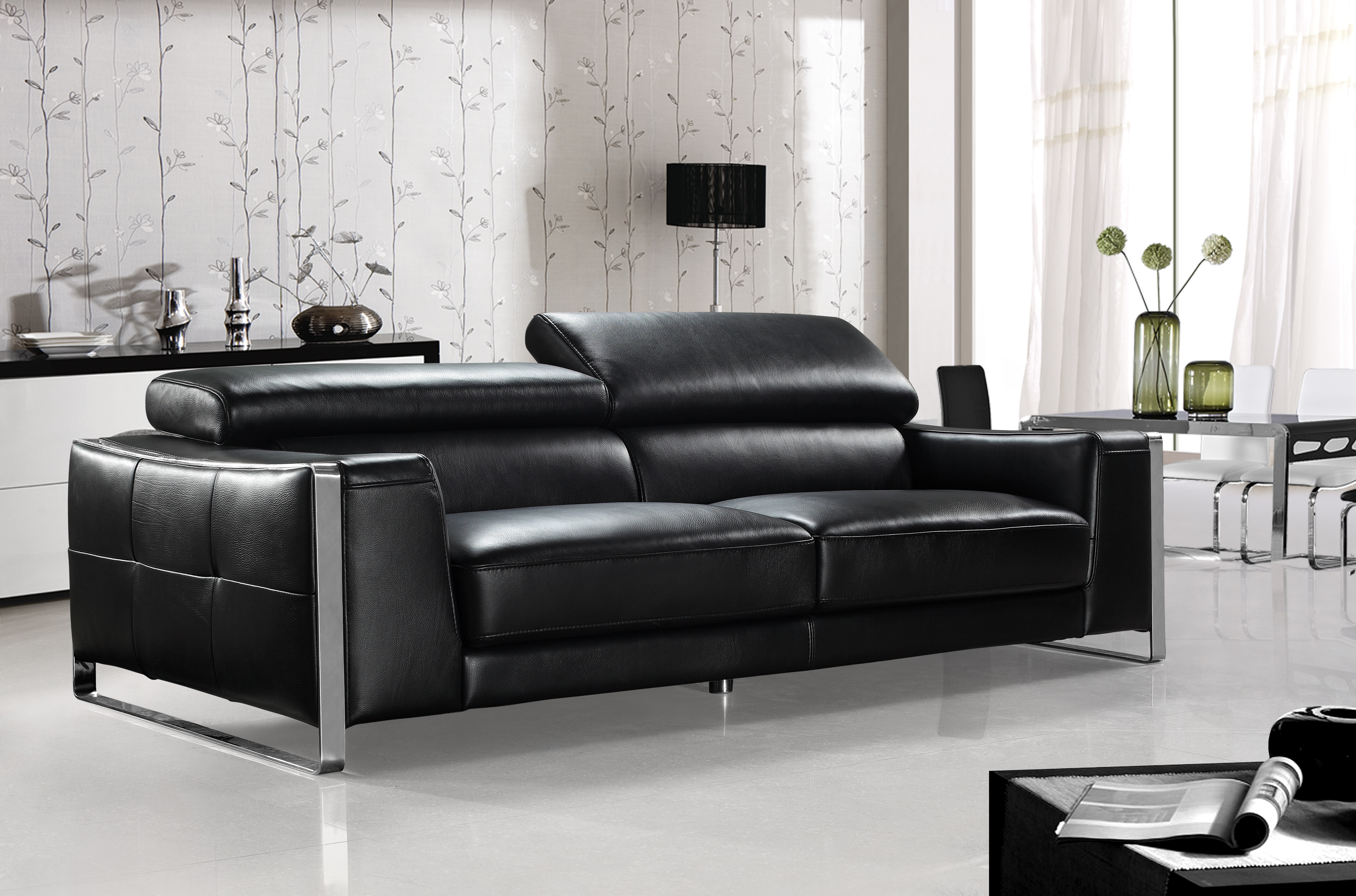 Modern Black Leather Sofa with Stainless Steel Frame and Adjustable Headrests
