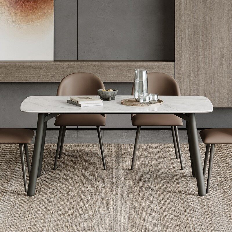 Marble Dining Table | Minimalist White Stone Top with Dark Metal Legs