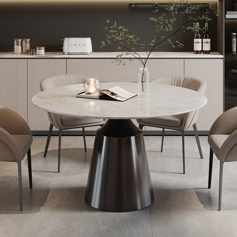 Marble Dining Table | Sleek Black Conical Pedestal Base