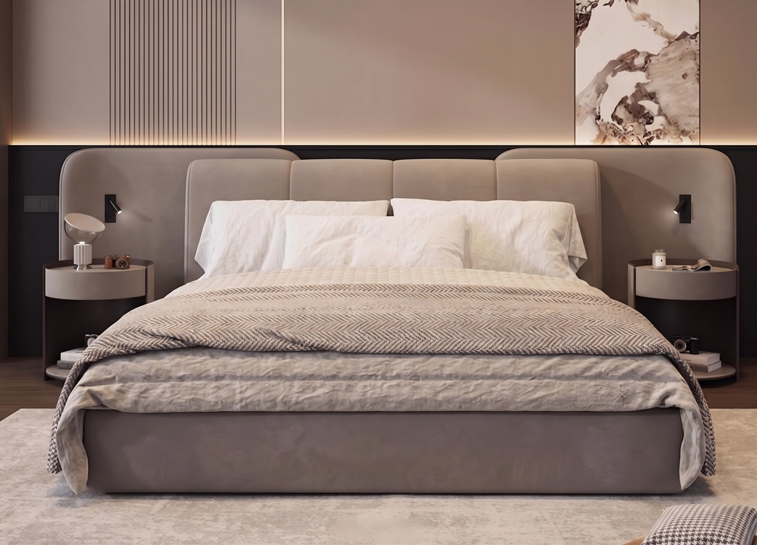 Modern Luxury Upholstered Bed Frame with Extended Wingback Headboard & Built-in Nightstands