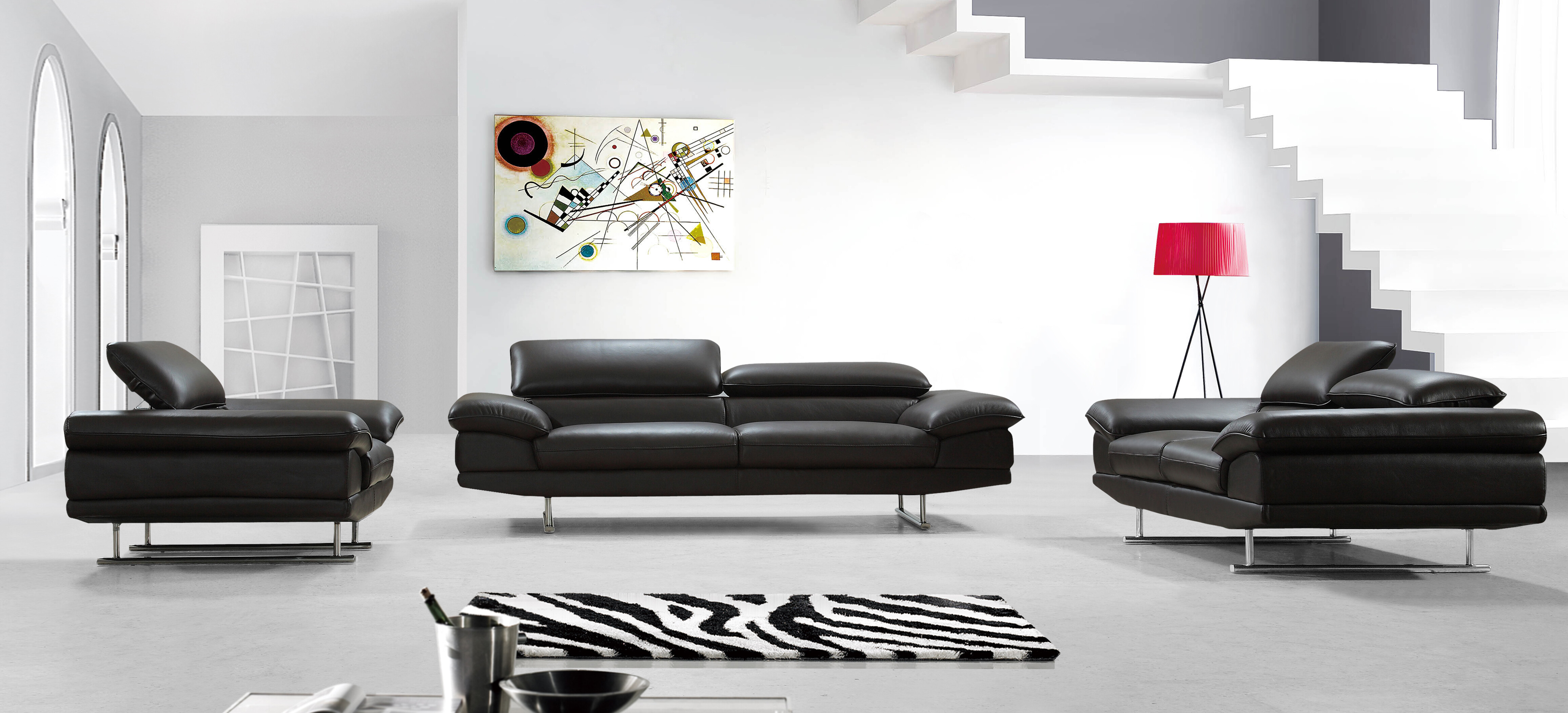 Luxurious 3-Piece Modern Black Leather Sofa Set with Adjustable Headrests