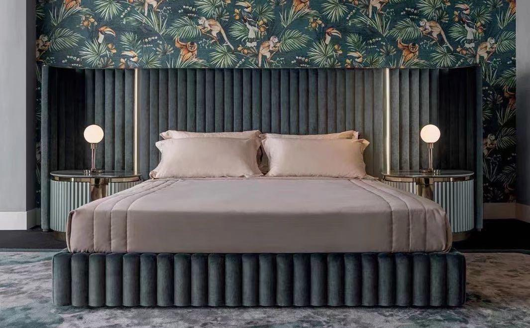 Luxury Teal Velvet Fluted Bed Frame with Integrated Headboard Wing Panels