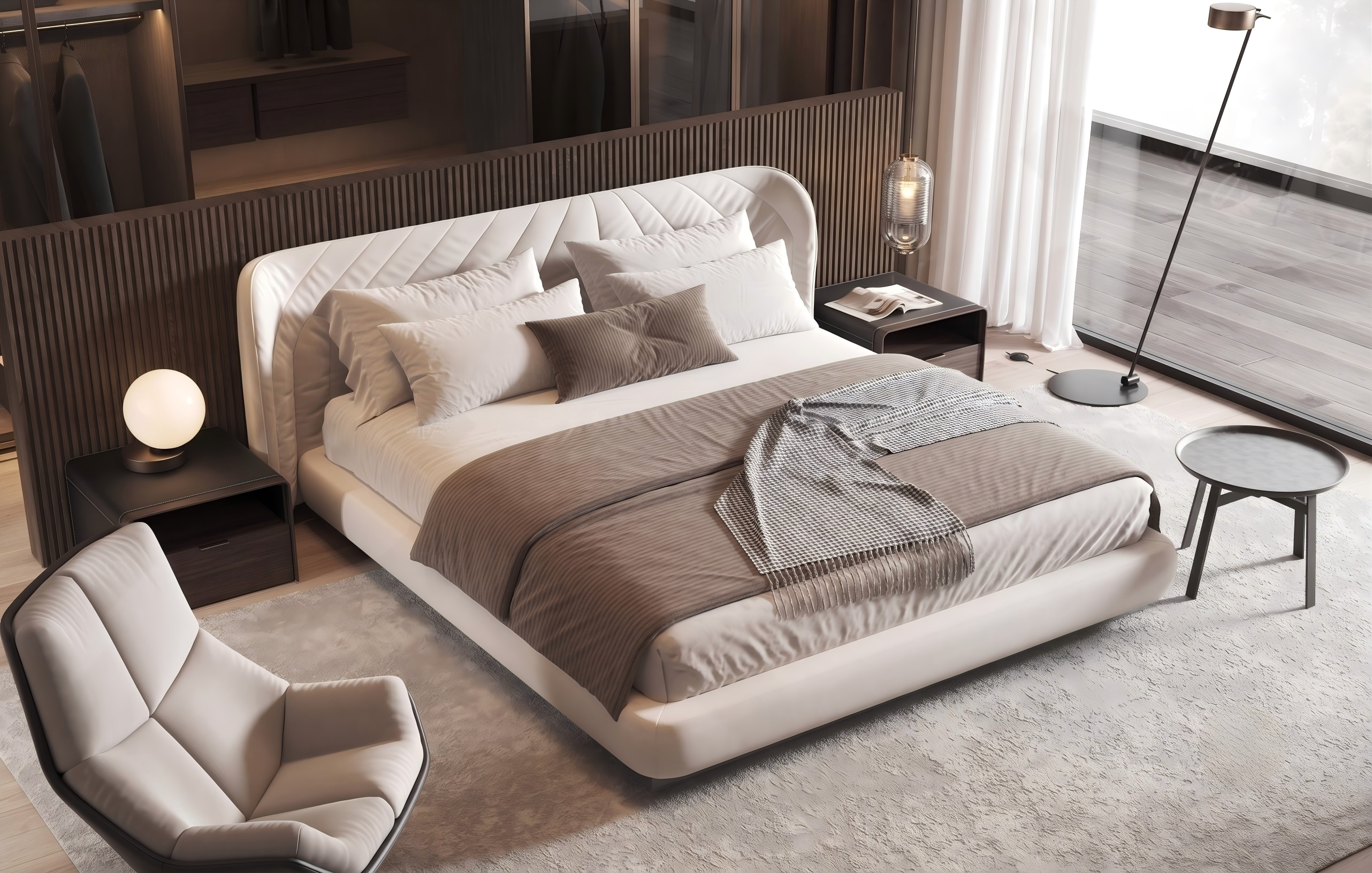 Luxury Modern Upholstered Platform Bed with Curved Tufted Headboard | Cream