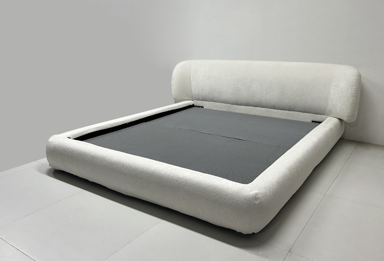 Modern White Bouclé Fabric Platform Bed Frame