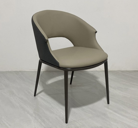 Taupe Upholstered Dining Chair with Curved Hollow-Back Design and Dark Metal Legs