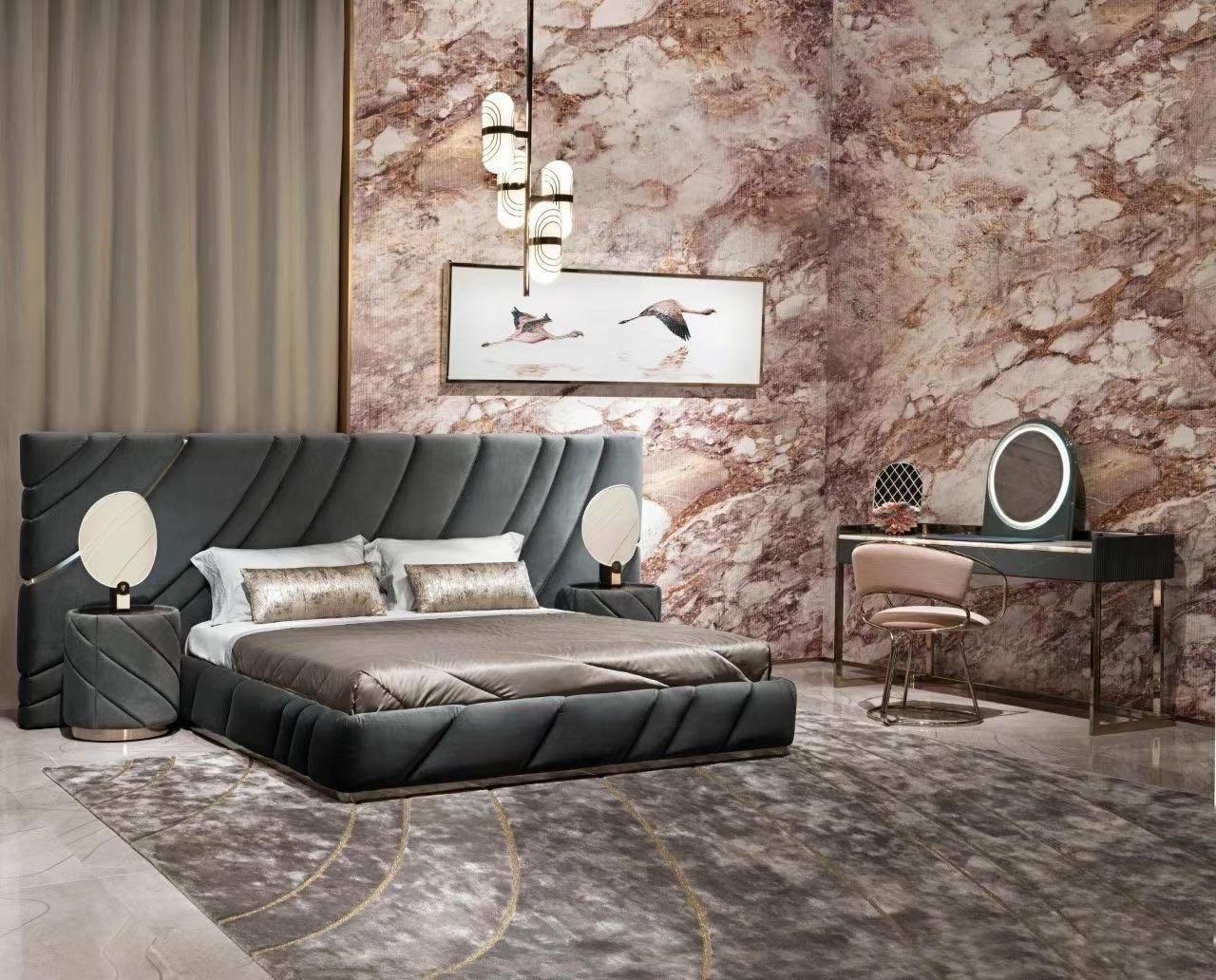 Luxury Velvet Upholstered Bed Frame with Modern Geometric Wave Headboard