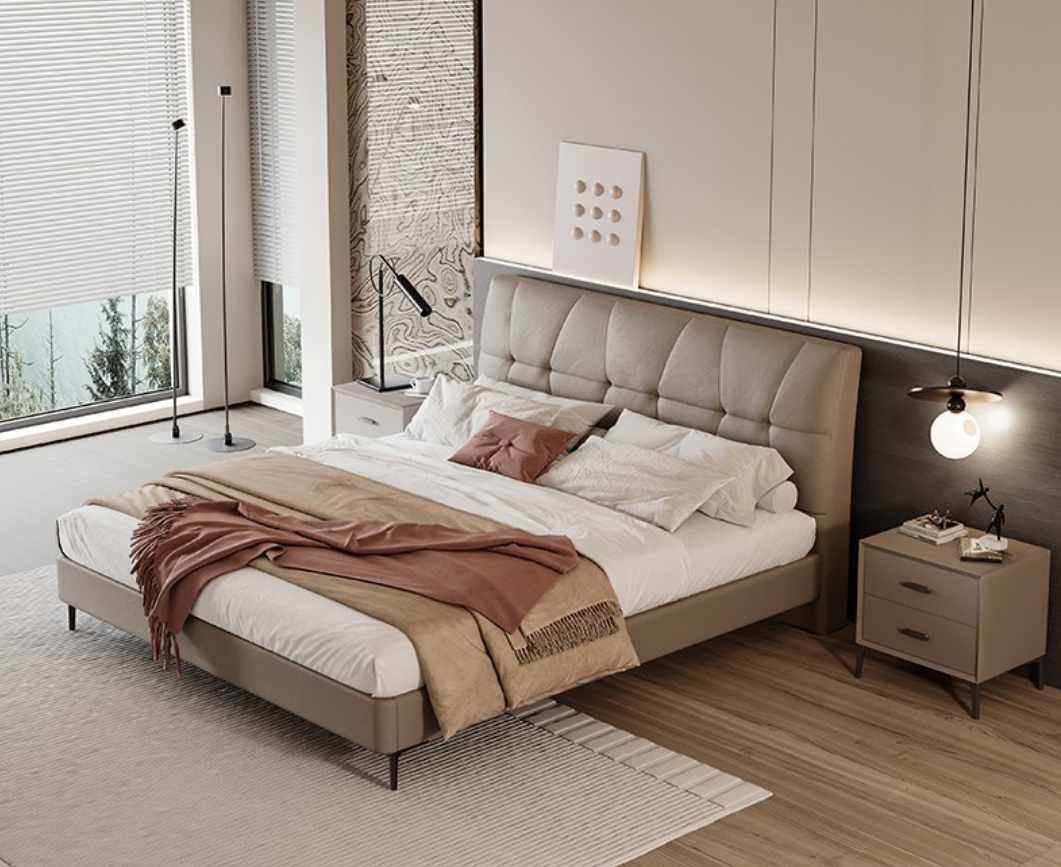 Taupe Upholstered Platform Bed Frame with Unique Geometric Angled-Tufted Headboard