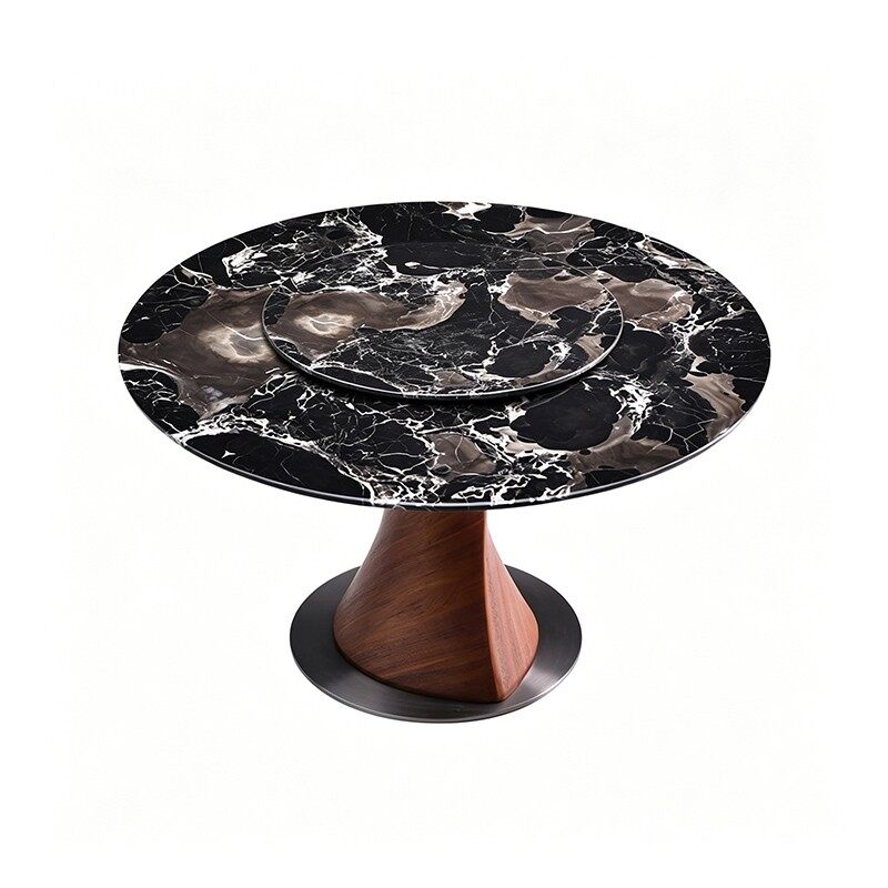 Round Marble Dining Table with Lazy Susan & Sculptural Twisted Wood Base