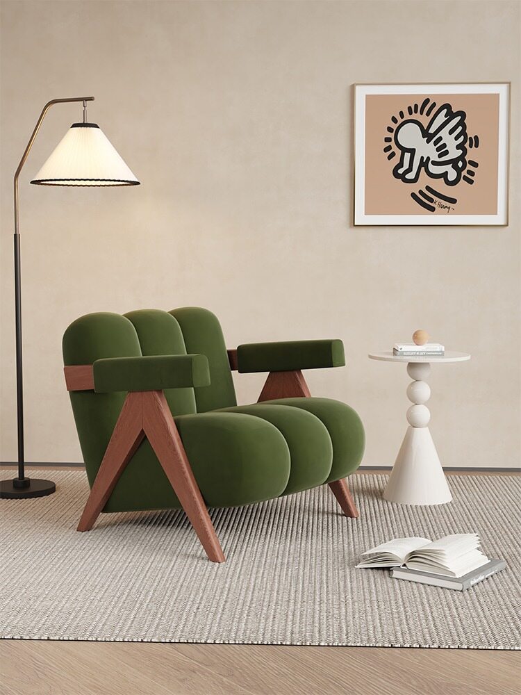 Mid-Century Modern Deep Green Velvet Armchair with A-Frame Wood Legs