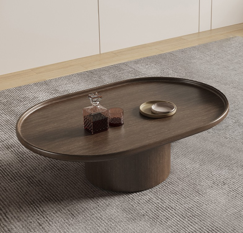 Oval Dark Wood Coffee Table with Cylindrical Pedestal Base and Tray Top Design