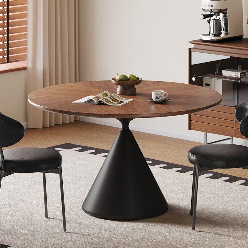 Mid-Century Round Dining Table with Walnut Finish Top & Black Cone Base
