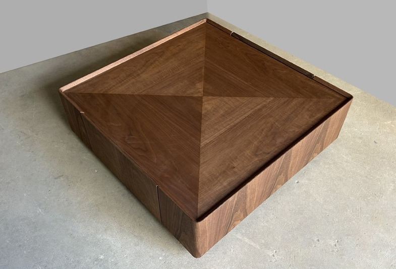 Square Walnut Wood Coffee Table with Hidden Storage Drawers and Tray Top Design