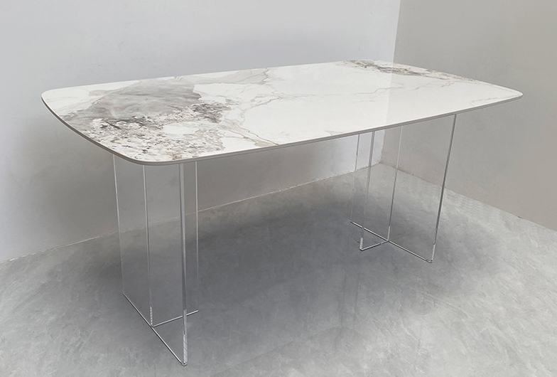 White Marble Sintered Stone Dining Table with Clear Acrylic Ghost Legs