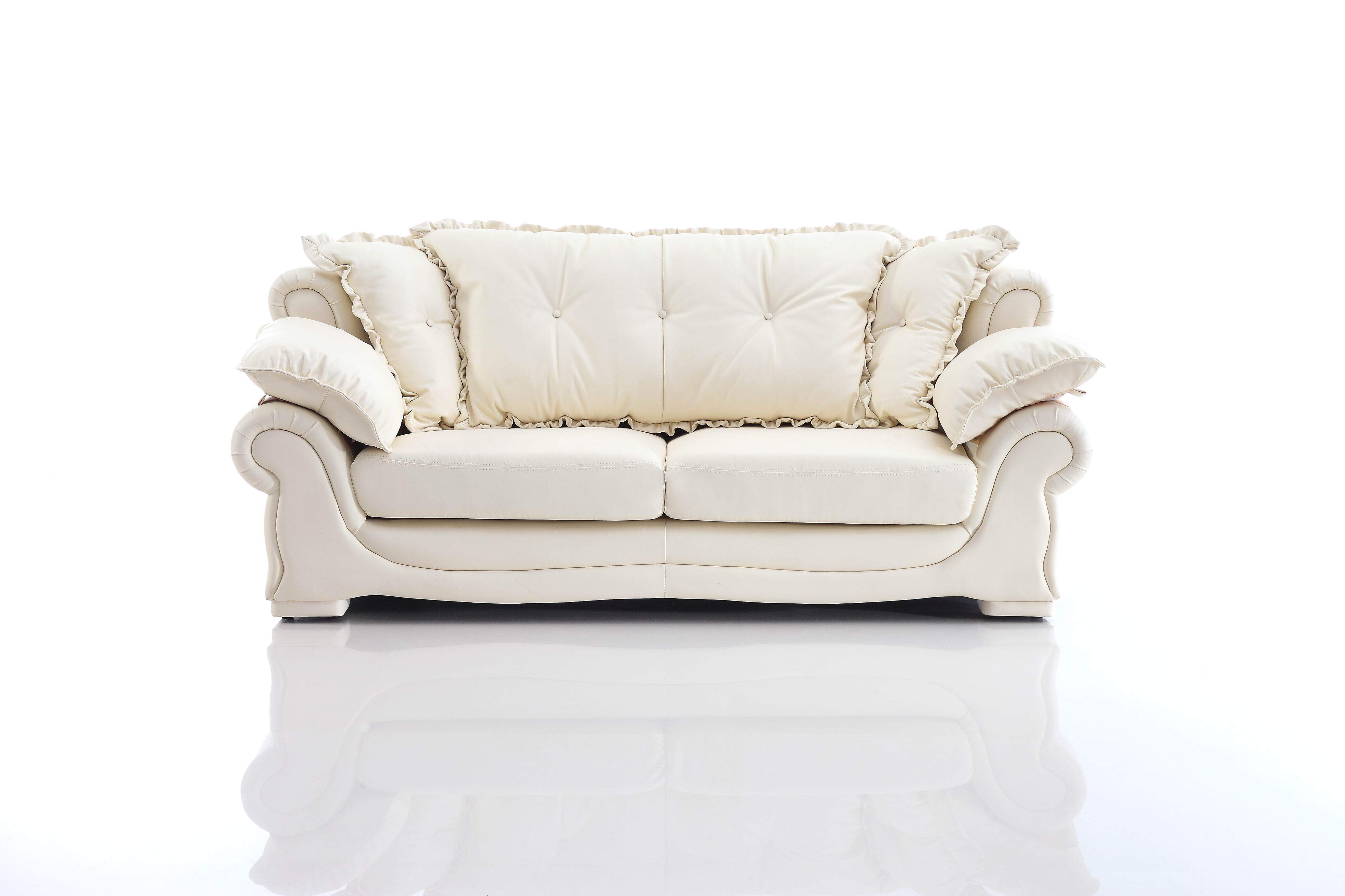 Classic Cream Leather Loveseat with Ruffled Edges and Tufted Cushions