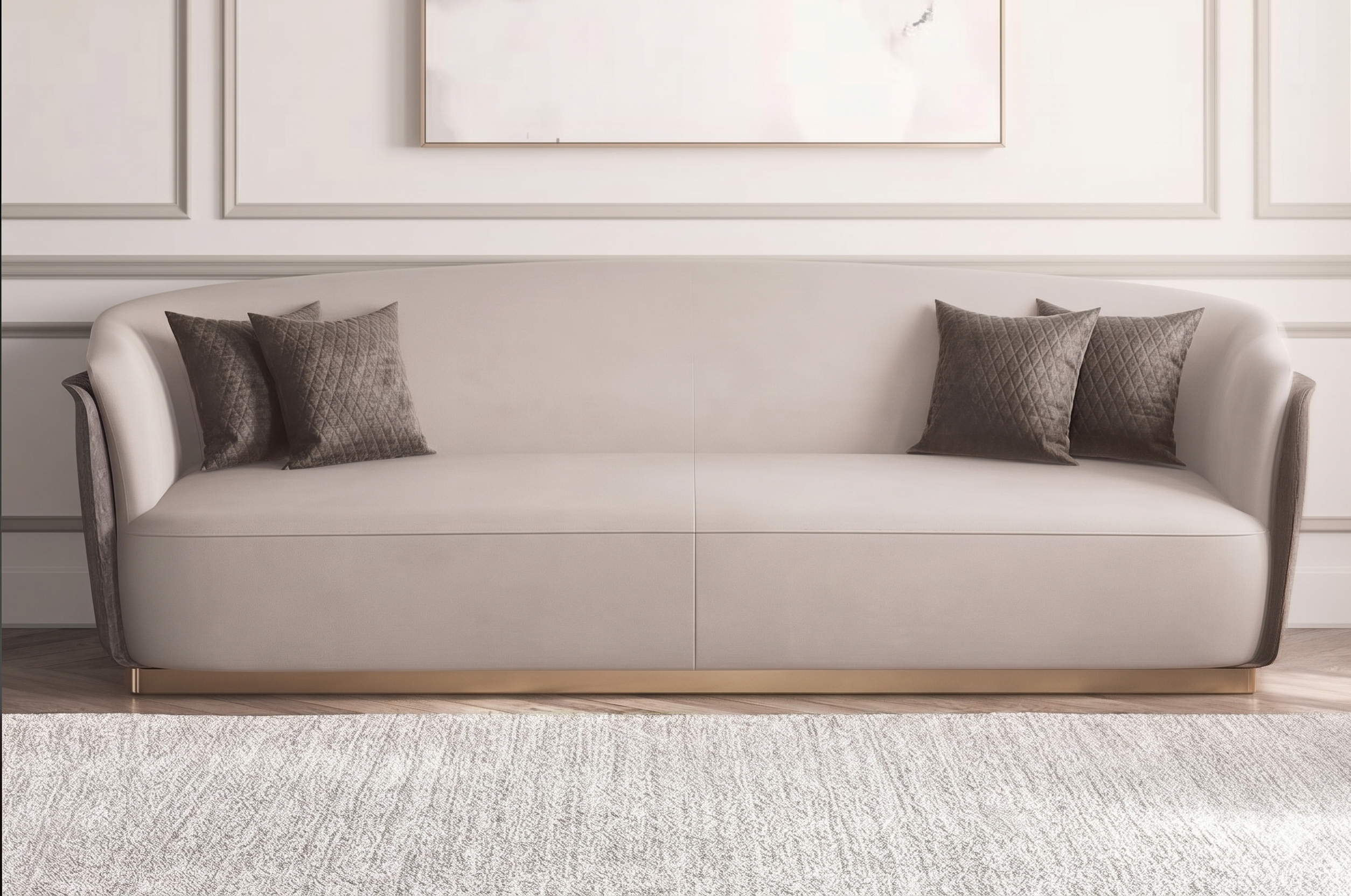Modern Luxury Off-White Fabric Sofa with Brass Base & Curved Backrest