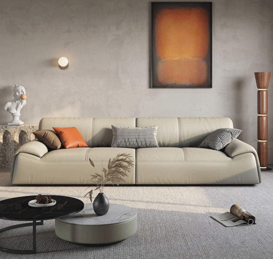 Modern Genuine Leather Sofa | Minimalist Luxury Deep-Seat Couch for Contemporary Living 