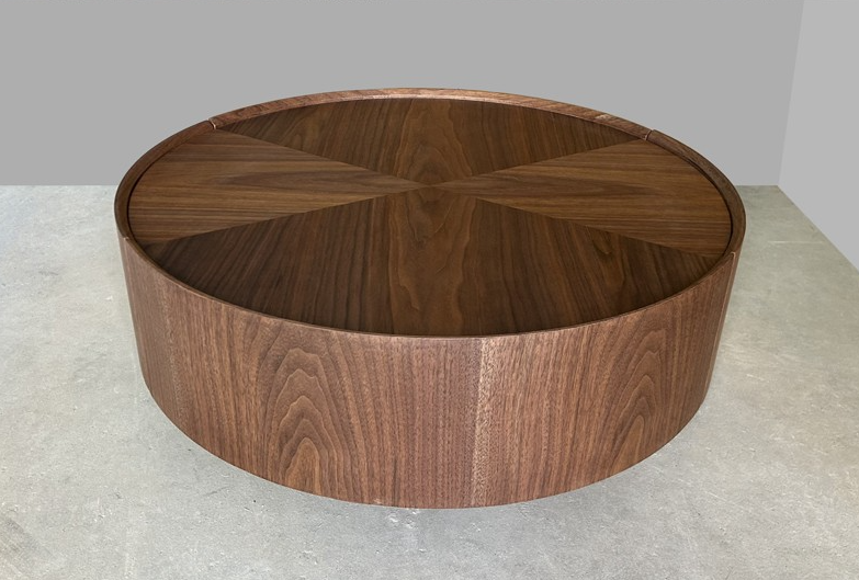 Round Walnut Wood Coffee Table with Hidden Storage Drawers