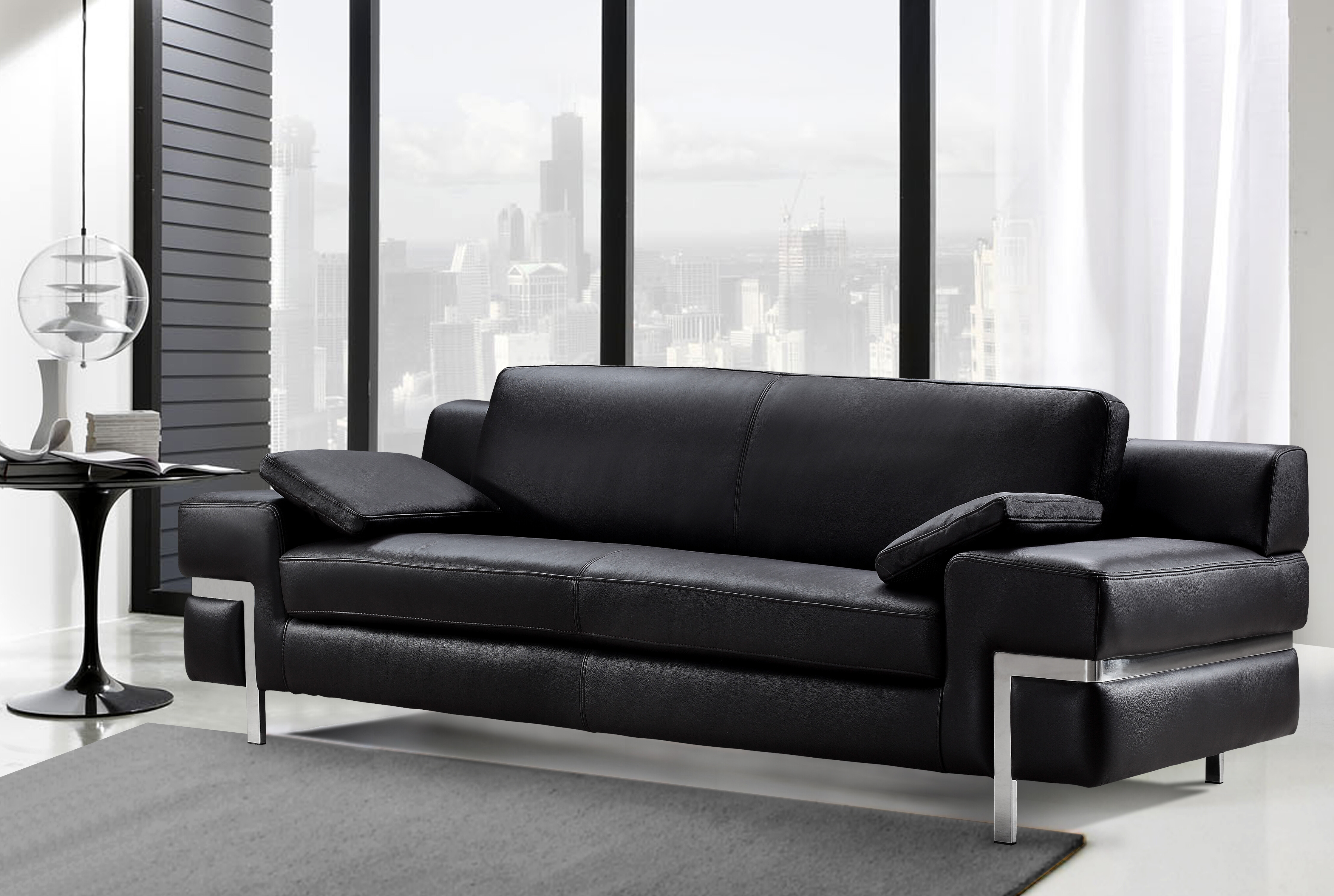 Modern Black Leather Sofa Set with Architectural Steel Frames