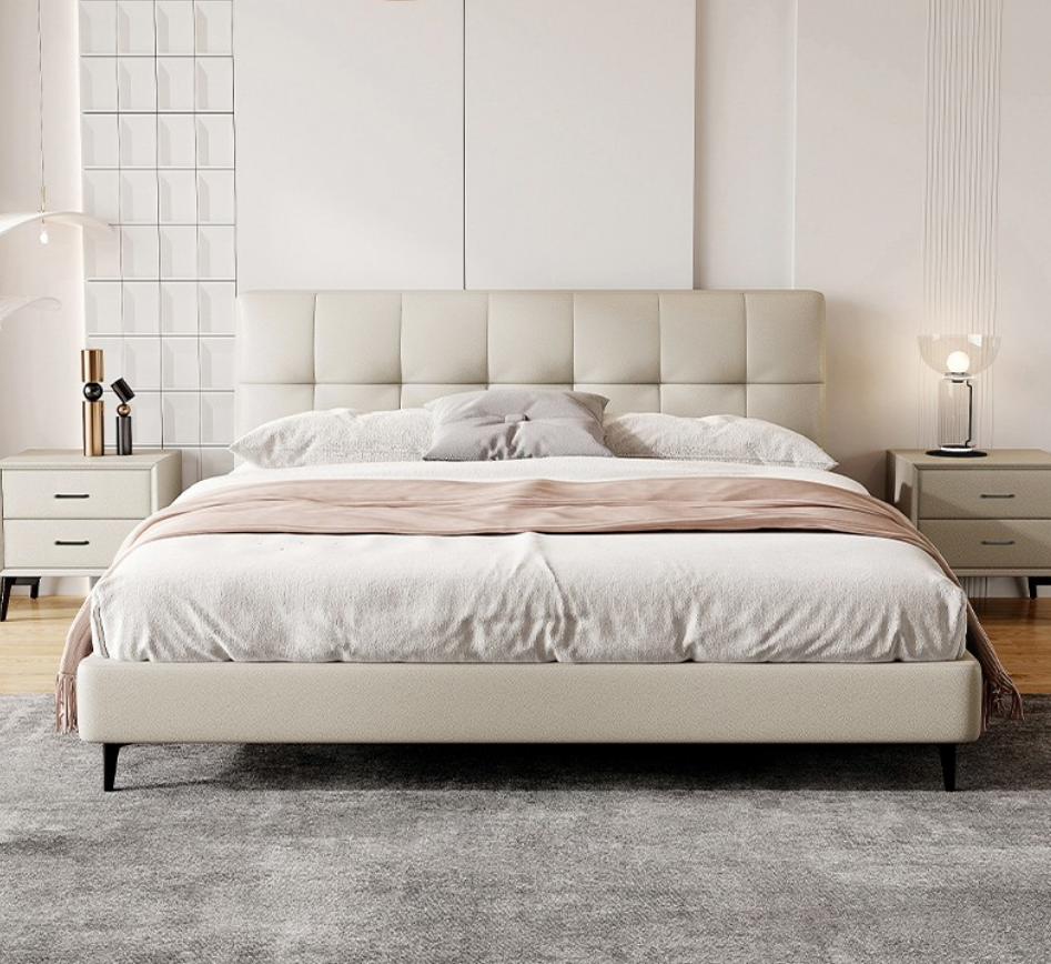Contemporary Cream Upholstered Bed Frame with Unique Block-Tufted Headboard