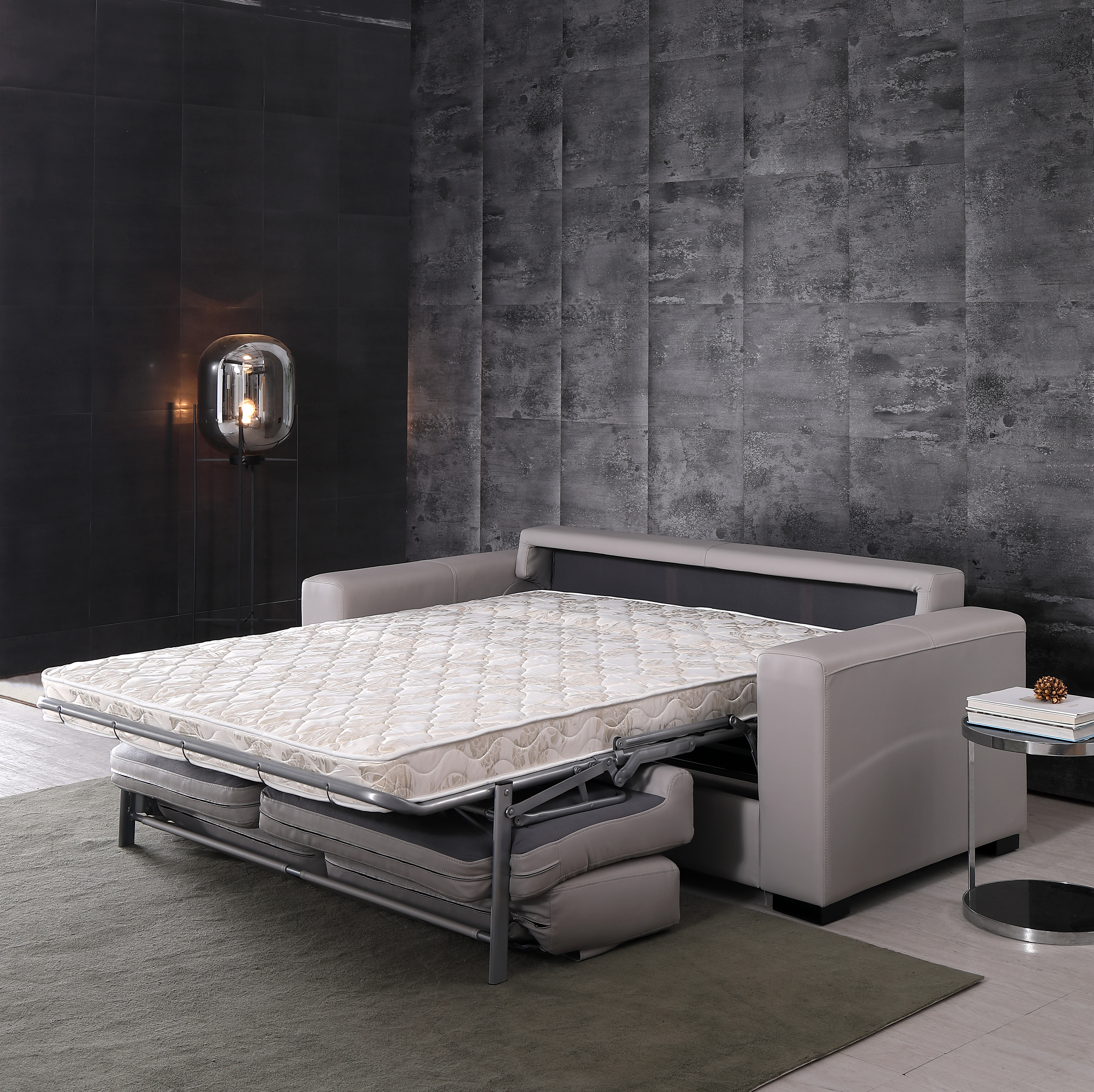 Modern Gray Faux Leather Pull-Out Sleeper Sofa Bed