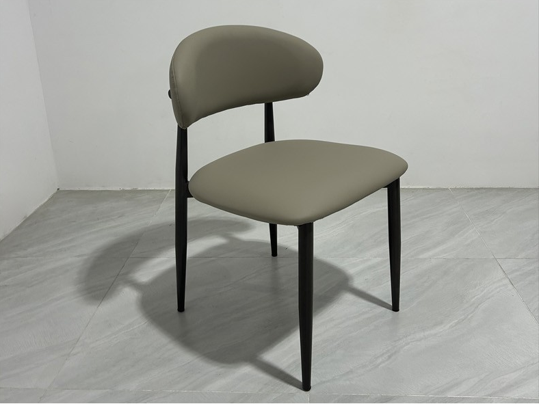 Modern Khaki Faux Leather Dining Chair with Curved Backrest and Black Tapered Metal Legs