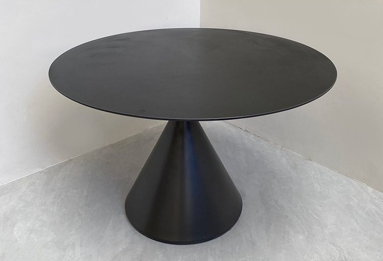 Matte Black Round Dining Table with Sculptural Conical Pedestal Base