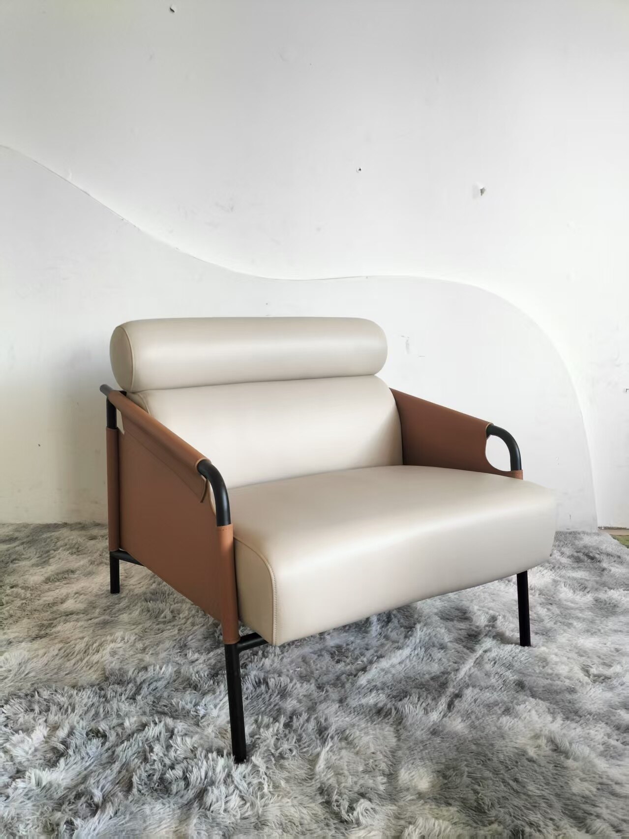 Modern Industrial Lounge Chair – Dual-Tone Leather Accent Armchair with Cylindrical Bolster Headrest