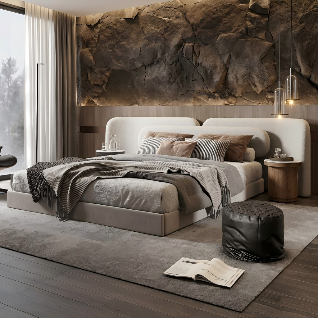 Minimalist Low-Profile Platform Bed | Premium Cream Fabric King/Queen Bed Frame