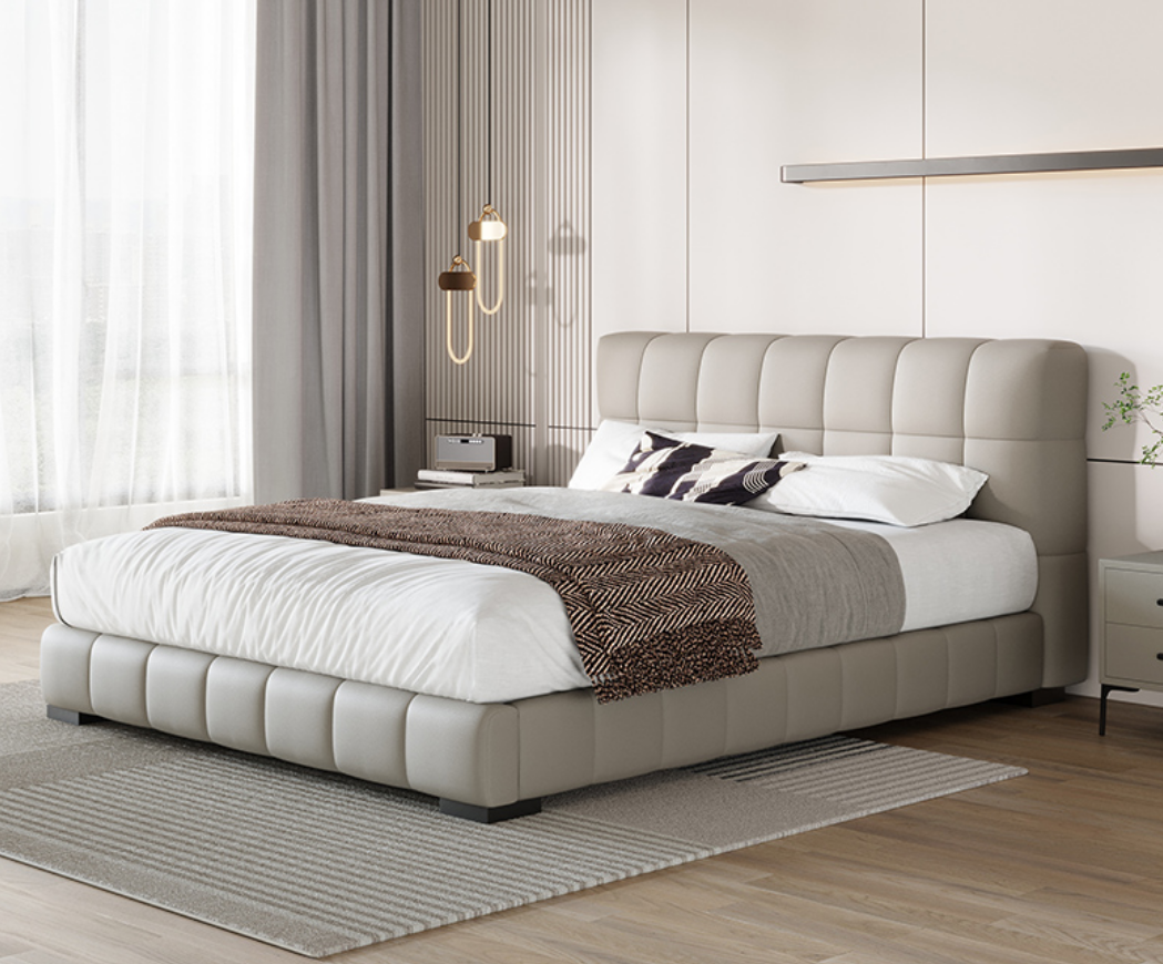 Cream Boucle Upholstered Platform Bed Frame with Channel-Tufted Headboard