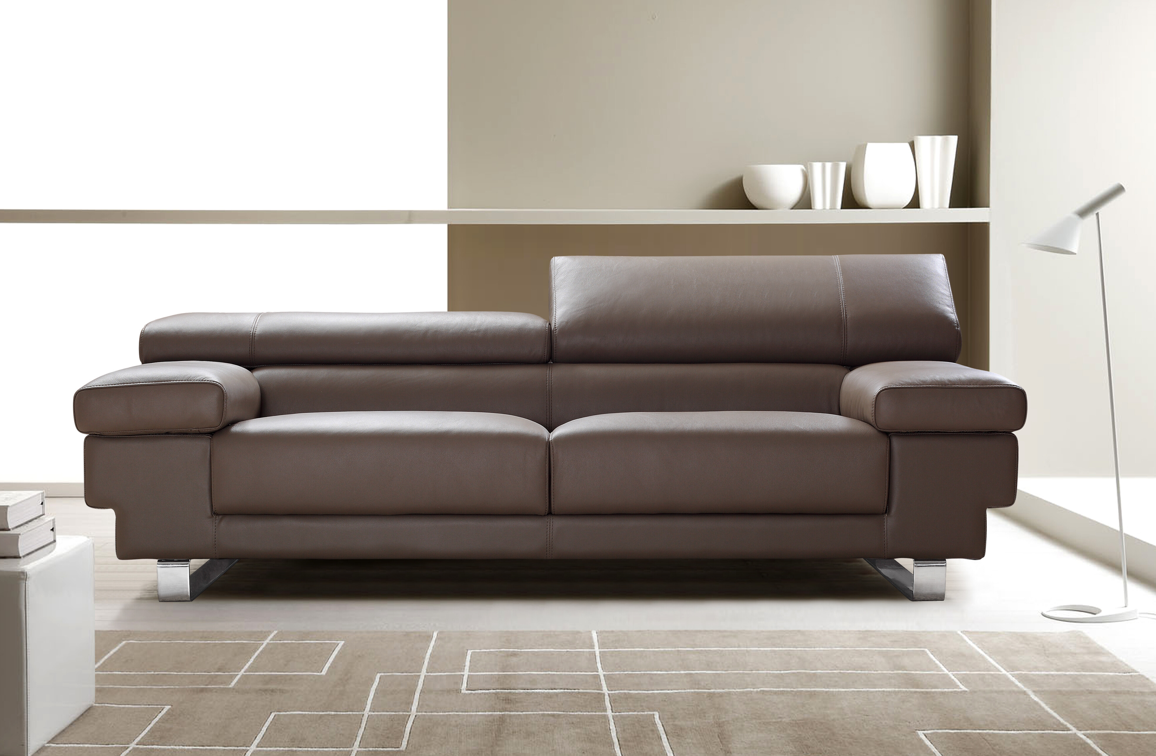 Modern Brown Leather 3-Seater Sofa with Adjustable Headrests