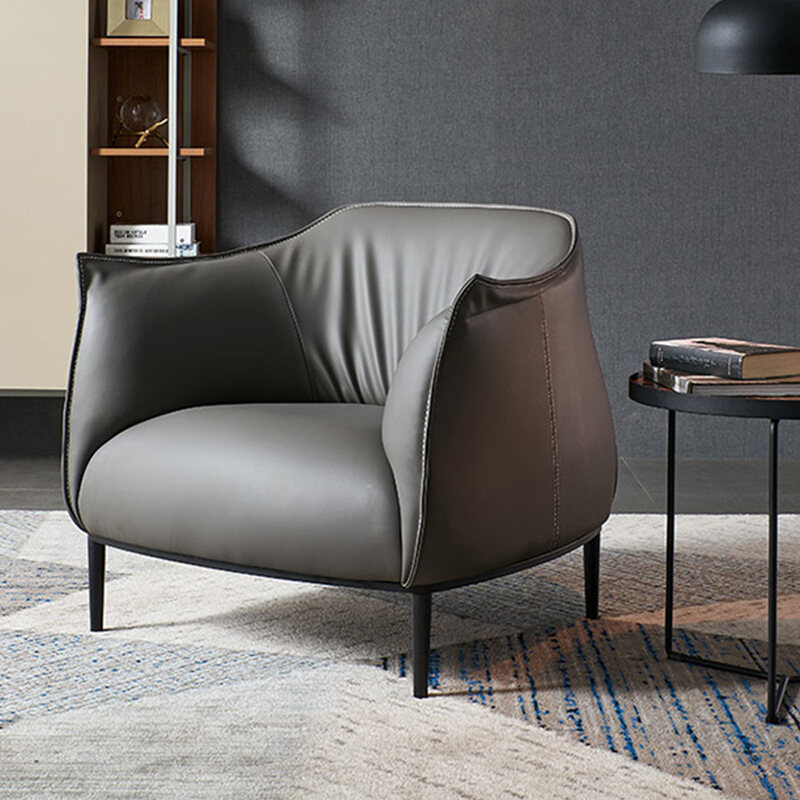 Aria Cognac Leather Pleated Back Accent Armchair with Black Metal Frame - Modern Lounge Chair