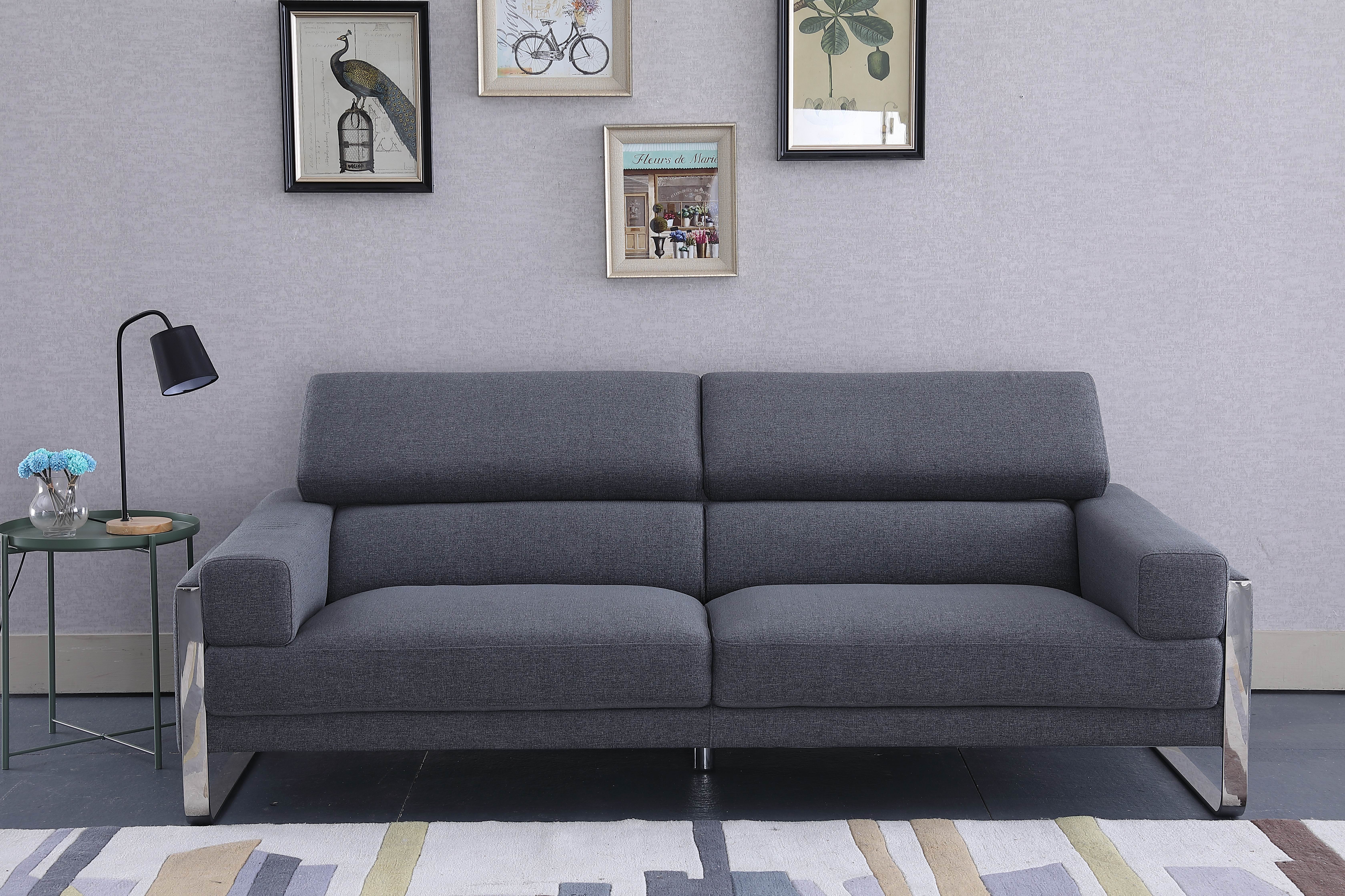 Modern Charcoal Grey Fabric Sofa with Polished Chrome Sled Base