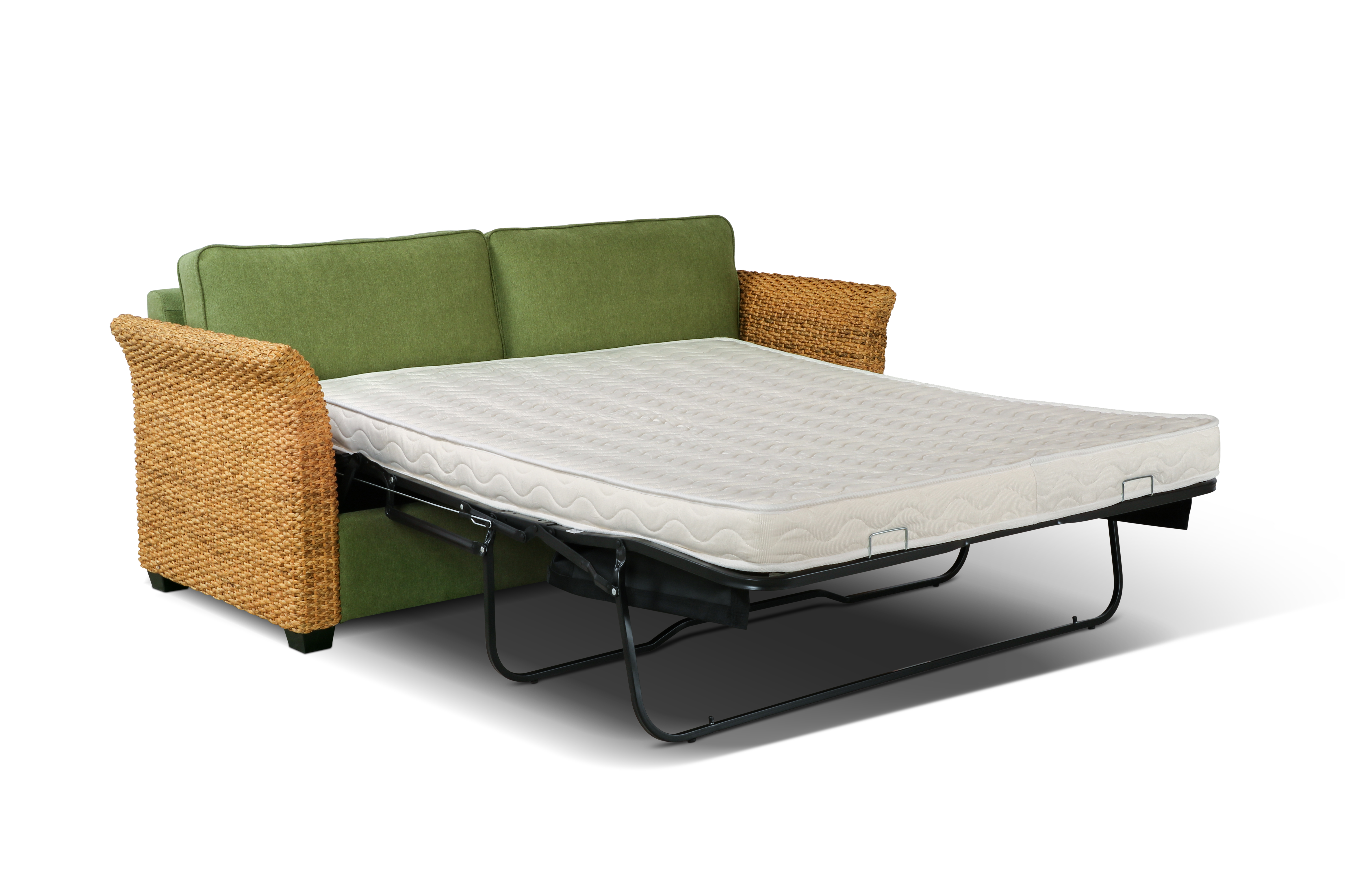 Modern Woven Rattan Sleeper Sofa Bed with Pull-Out Mattress