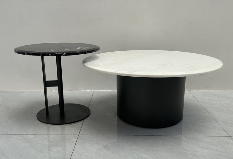 Modern 2-Piece Nesting Coffee Table Set – Round Marble-Patterned Stone Tops