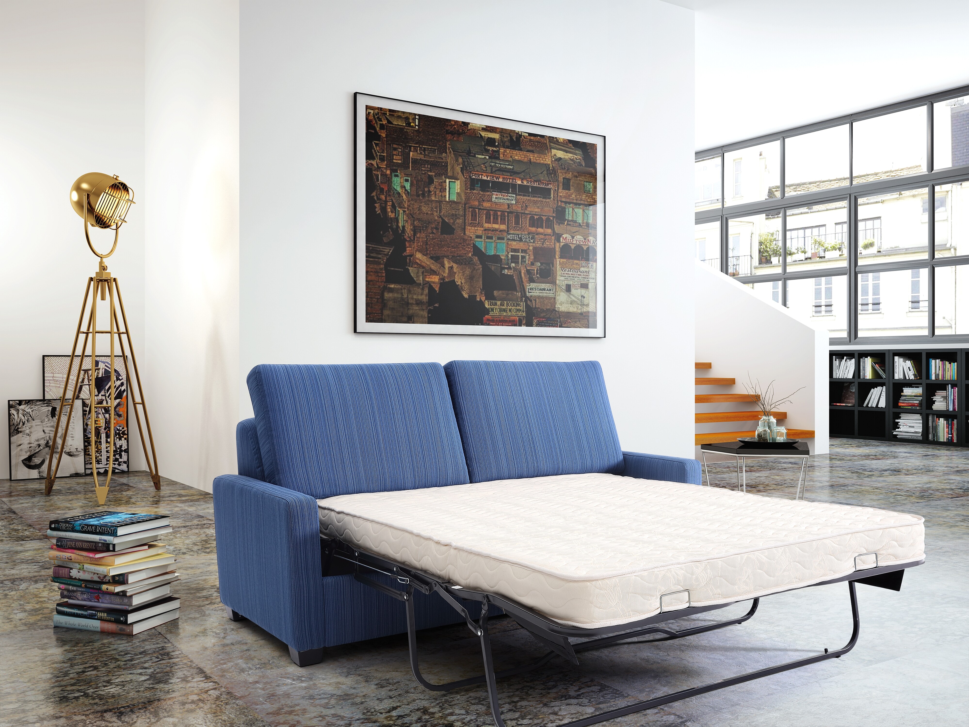 Modern Blue Textured Fabric Convertible Sleeper Sofa Bed with Pull-Out Mattress