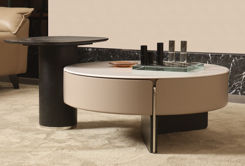 Luxury Nesting Coffee Table Set – Round Cream Storage Table with Stone Top