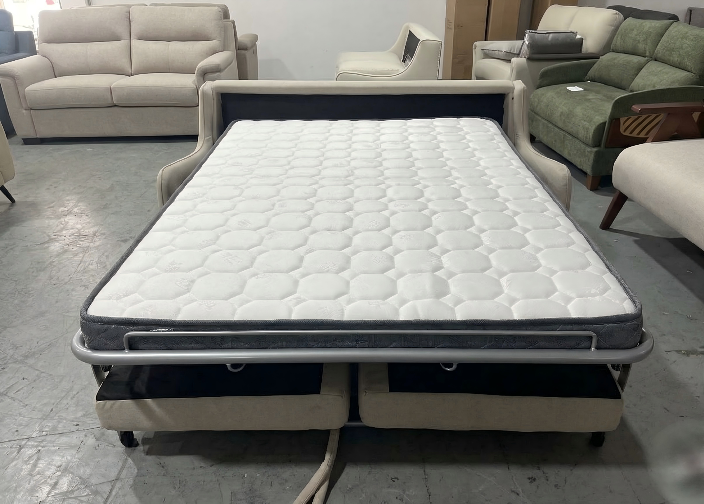 Beige Fabric Sleeper Sofa - Space-Saving Pull-Out Guest Bed