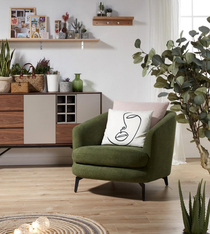 Modern Olive Green Barrel Accent Chair with Tapered Black Metal Legs