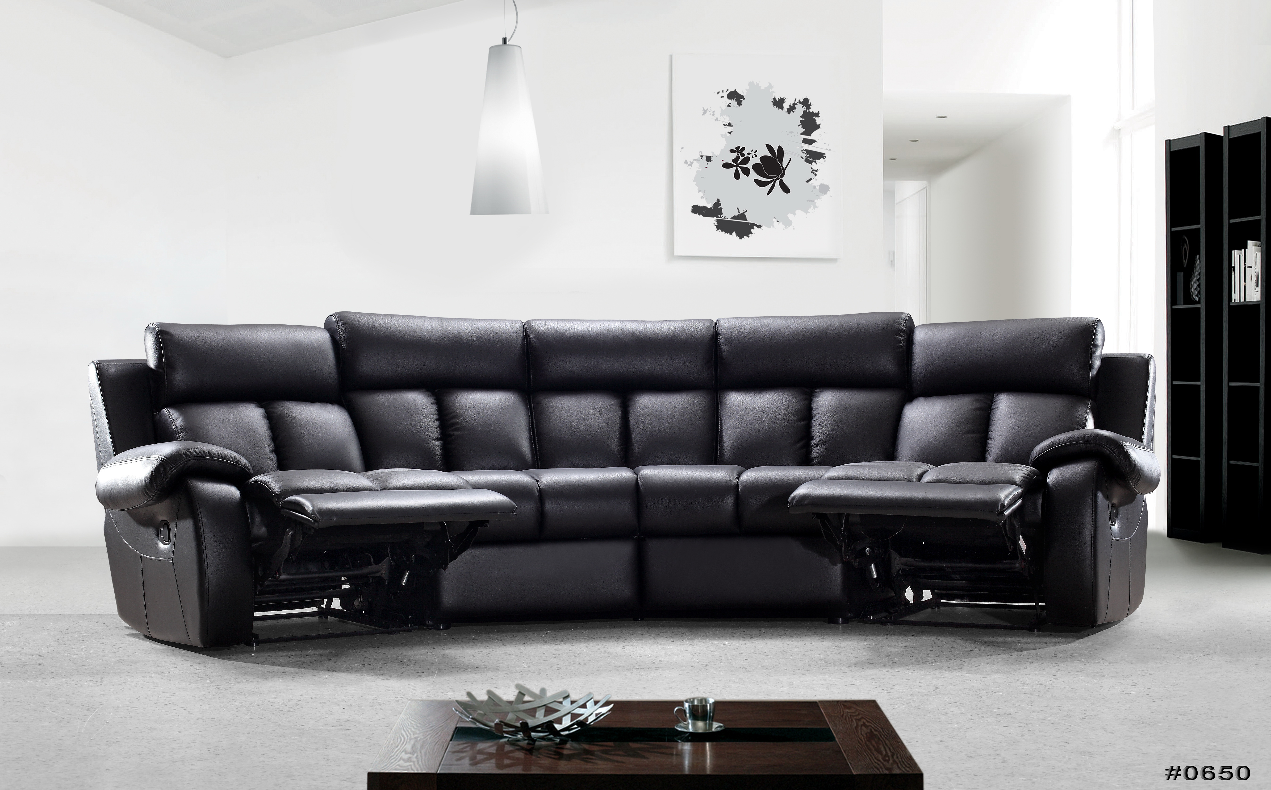 Luxury 5-Seat Curved Reclining Sectional – Premium Black Leather Home Theater Seating