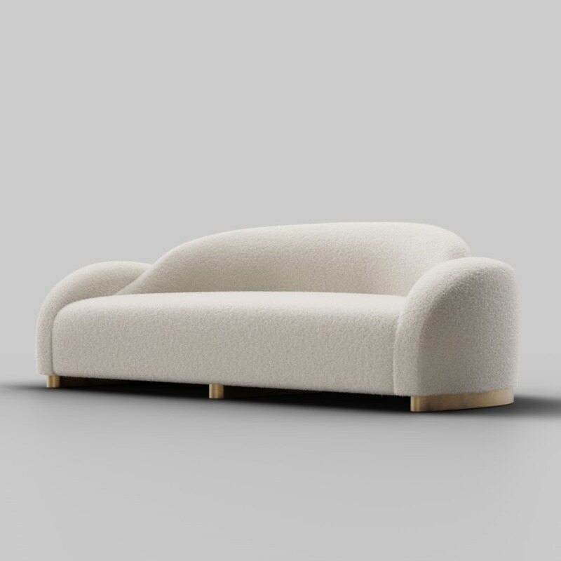 Elysian Curved Bouclé Sofa with Sculptural Gold Plinth Base | Mid-Century Modern Teddy Bear Couch