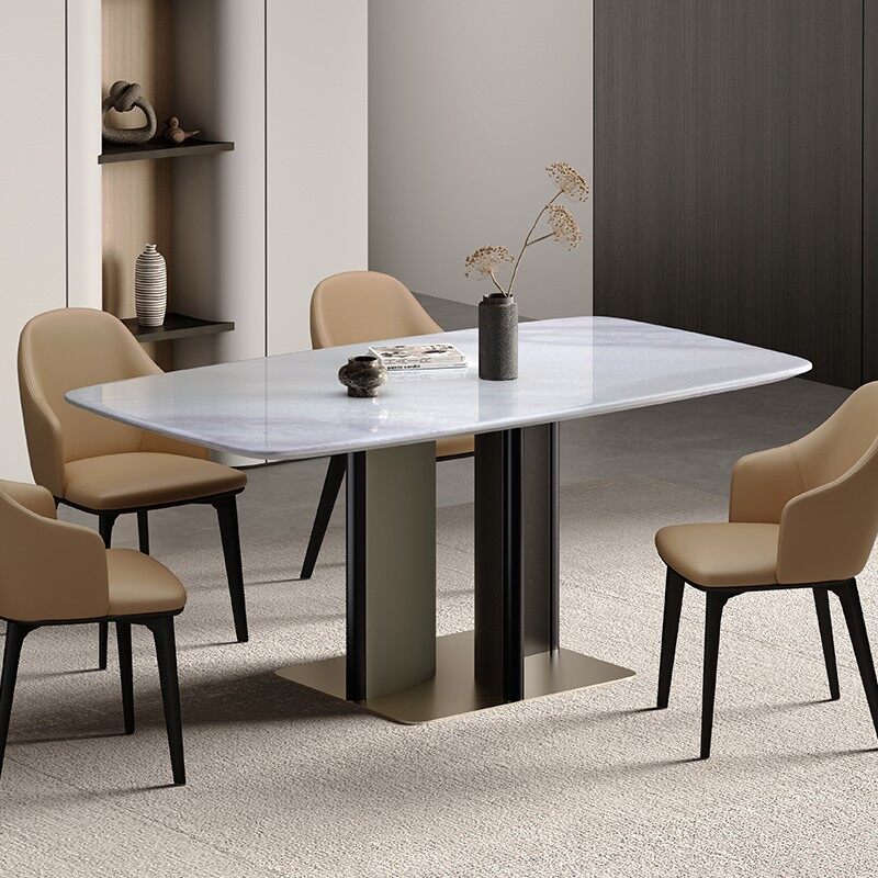 Rectangular Marble Dining Table | Luxury Sintered Stone with Metallic Pedestal Base