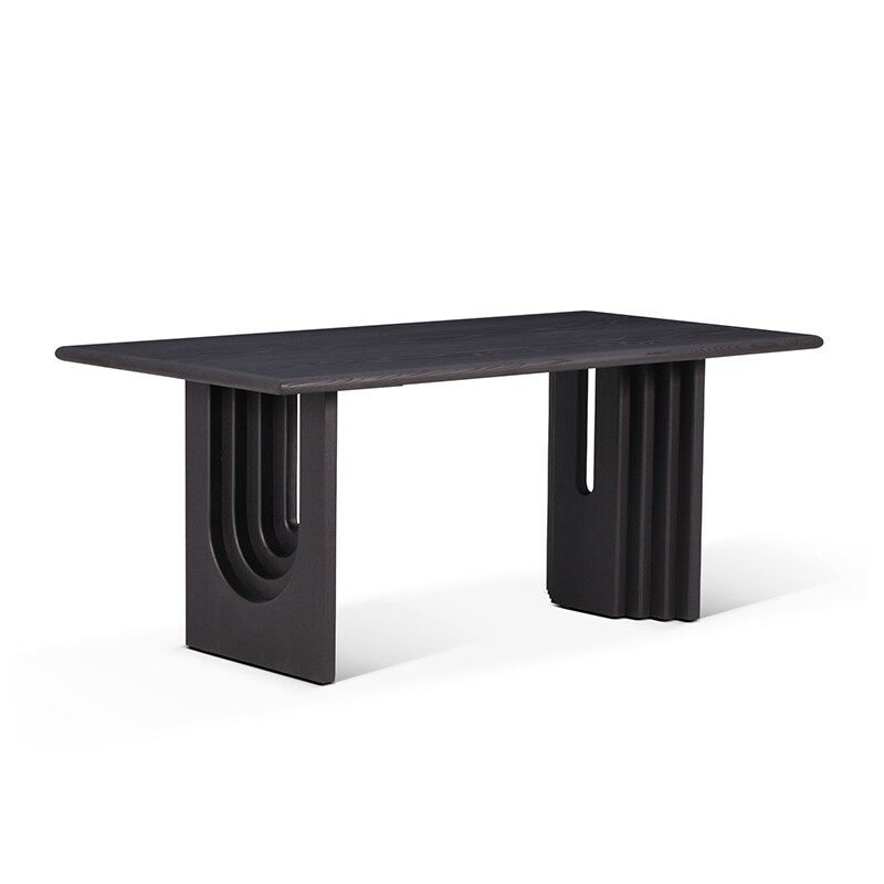 Architectural Black-Charcoal Dining Table with Fluted & Arched Pedestals