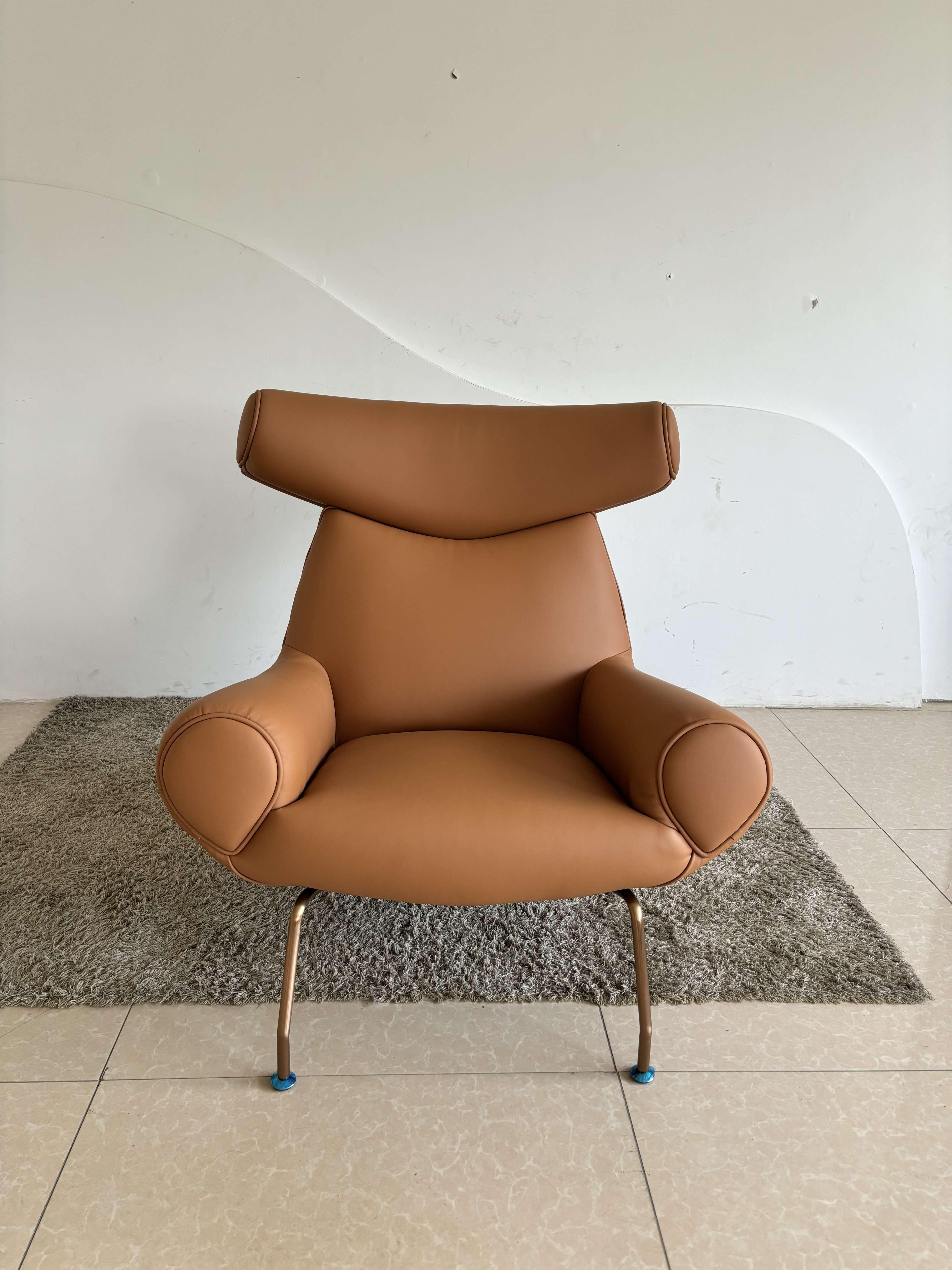Modern Designer Lounge Chair – Premium Tan Leather Accent Armchair with Ergonomic Wide Headrest