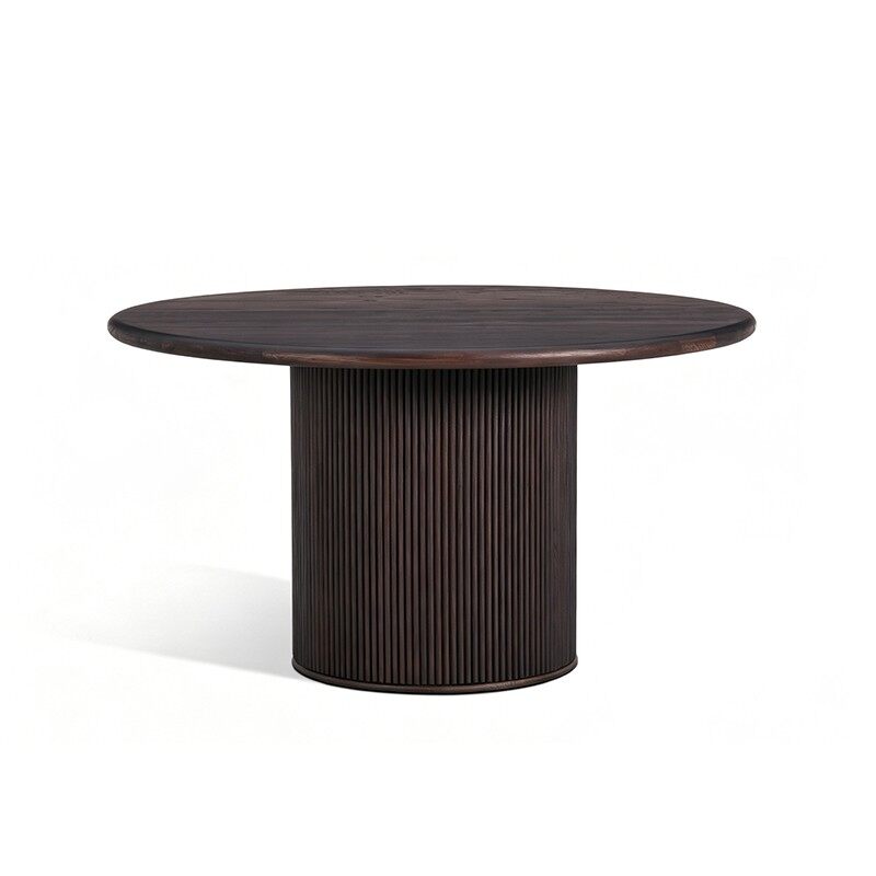 Modern Fluted Pedestal Round Dining Table - Dark Walnut Espresso Wood