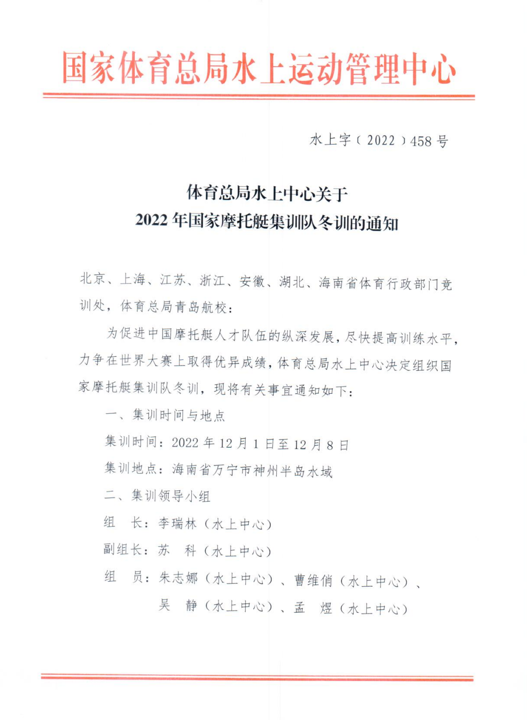 2022 National Jet Ski Training Team Winter Training Notice