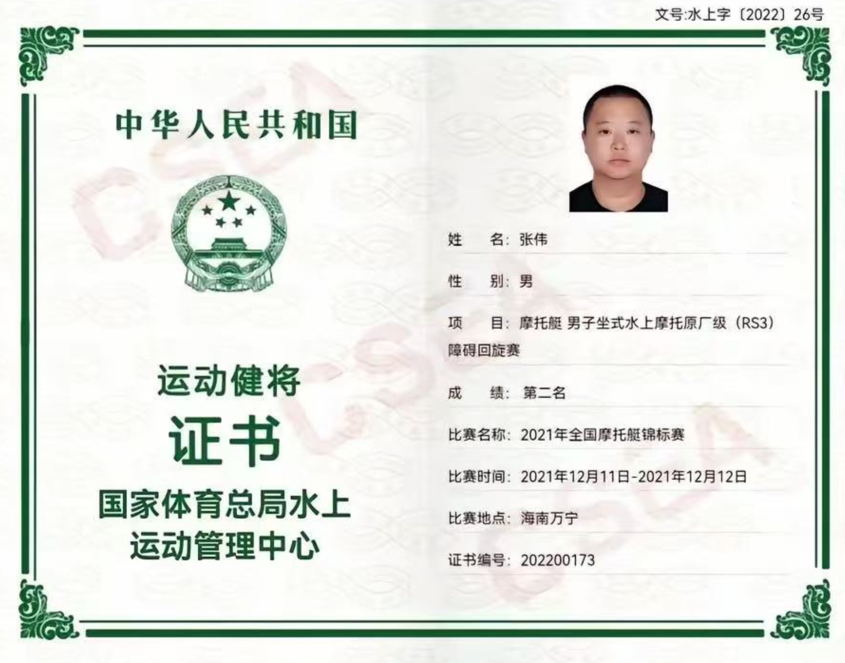 Elite Athlete Certificate issued by the General Administration of Sport of China